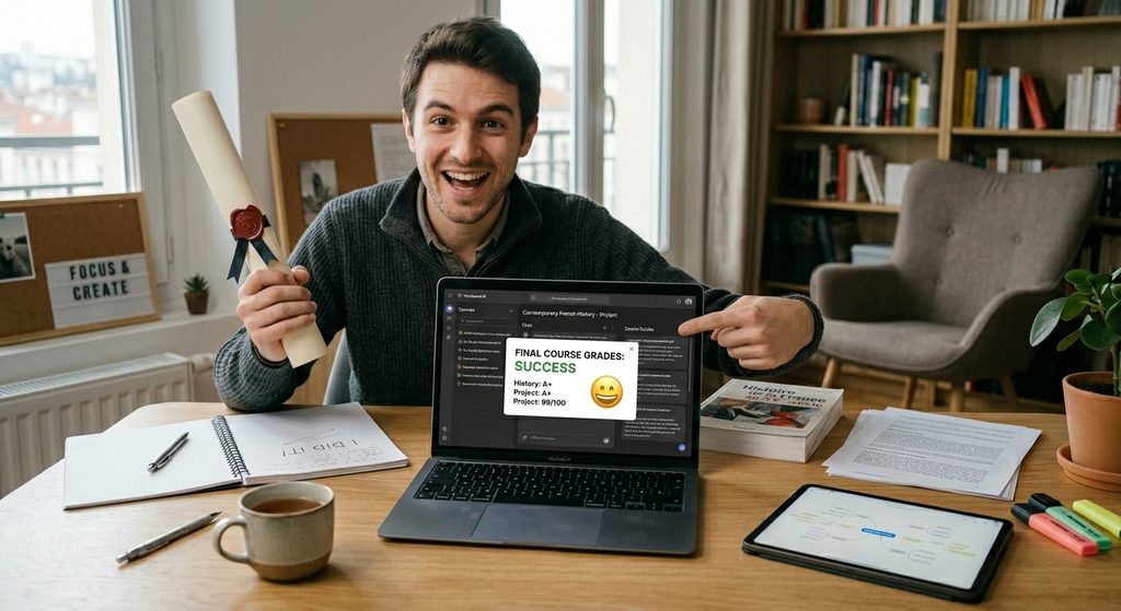 Le même jeune homme de 26 ans souriant et radieux, tenant un diplôme roulé et montrant fièrement son écran d'ordinateur affichant la réussite de ses examens