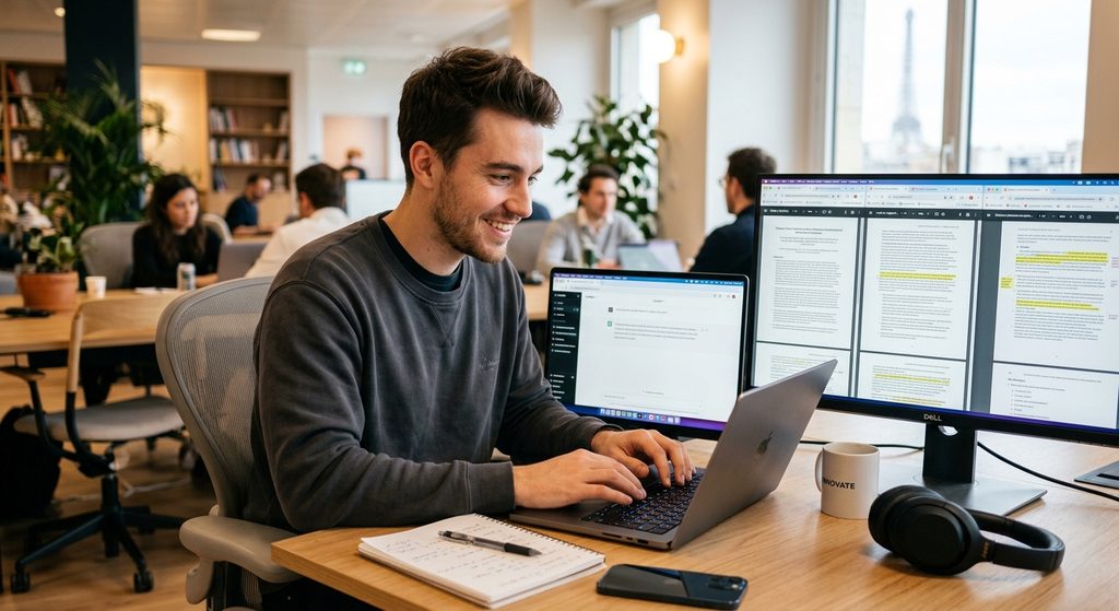 Un étudiant souriant de 26 ans concentré à son bureau, naviguant entre ChatGPT sur son ordinateur portable et des documents PDF ouverts sur un grand écran de bureau