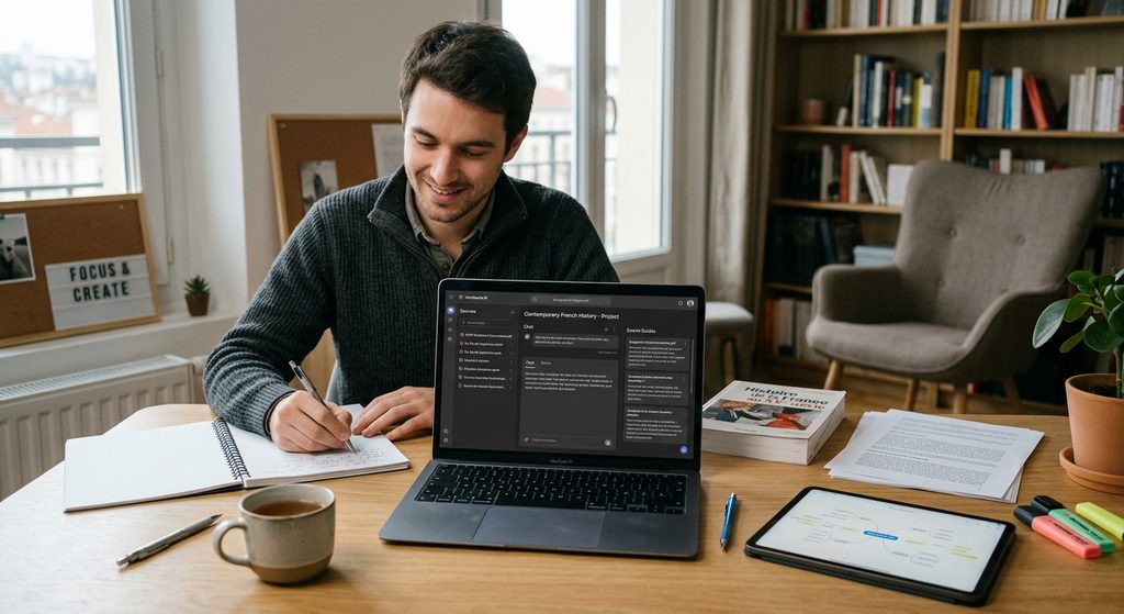 Un jeune homme de 26 ans installé dans un espace de travail lumineux, révisant efficacement ses cours sur son ordinateur portable grâce à l'interface de NotebookLM