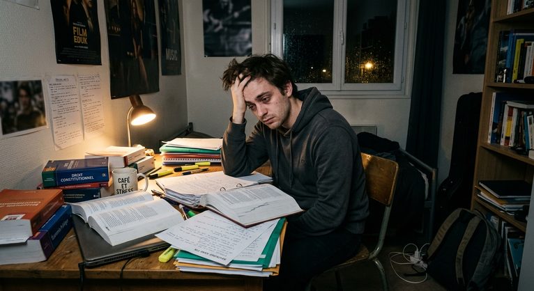 Un jeune homme de 26 ans fatigué et dépassé, se tenant la tête dans les mains à un bureau encombré de gros livres et de cours papier désordonnés